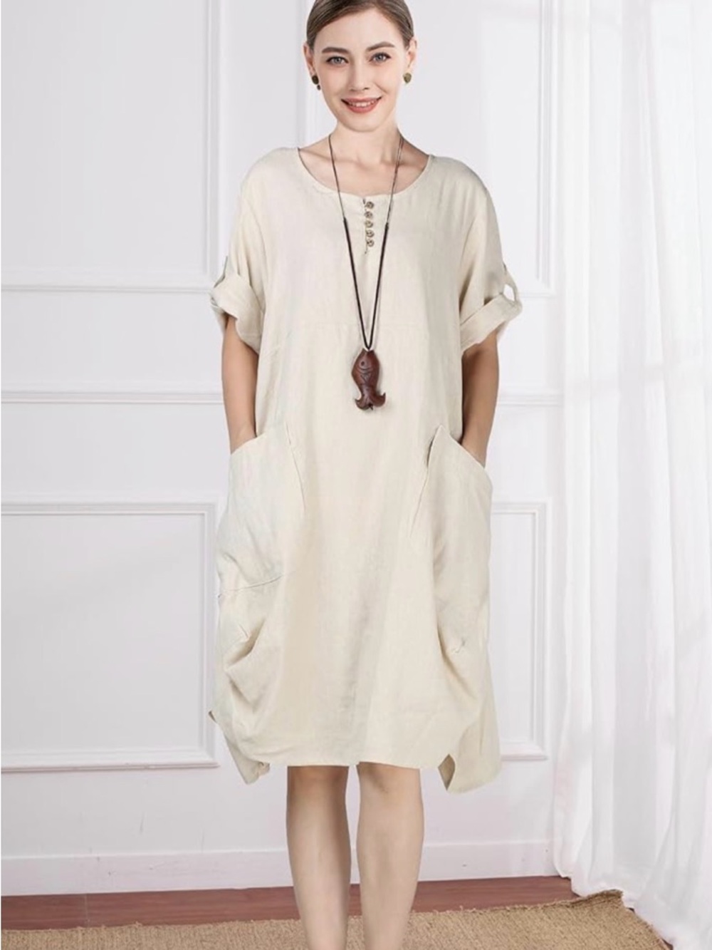 Women's Ruffle Oversize Casual Midi Dress with Pockets -minimalist linen
